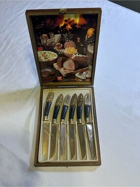 Vintage Thailand ZWILLING J.A. Henckels gilded bronze & wood knife set in box